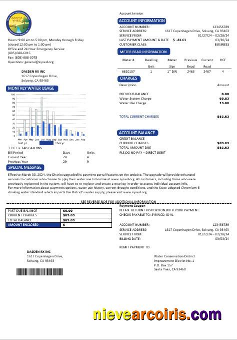 USA California Santa Ynez water business utility bill